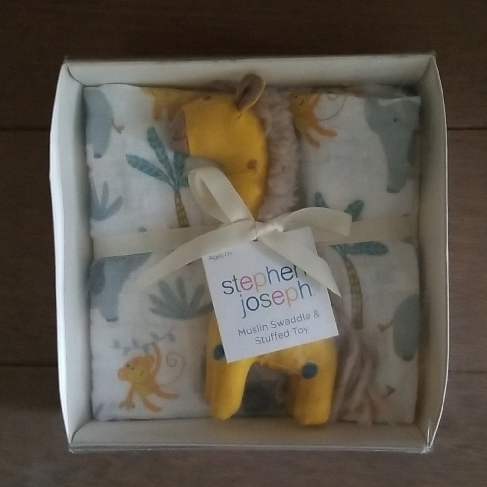 Stephen Joseph Muslin Swaddle & Stuffed Animal Set